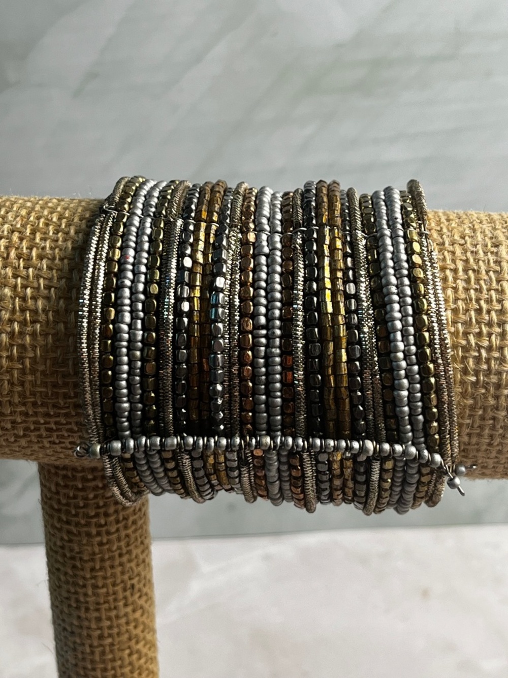 Vintage large Multi Strand Beaded Cuff Bracelet brass, silver, gold tones